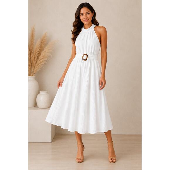 Calvin Klein Dresses & Skirts - Calvin Klein White Cotton Gauze Halter Midi Dress Belted Women’s 12 Cottagecore